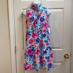 Colorful Tiered Swing Dress Split Neck stand up Ruffle collar  Sz S